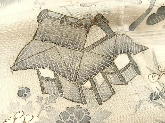 平和屋着物●生紬 市松風景文 正絹 逸品 BAAT0857yc