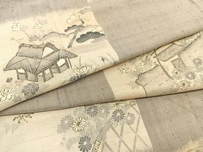 平和屋着物●生紬 市松風景文 正絹 逸品 BAAT0857yc