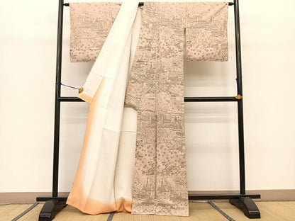 平和屋着物●生紬 御所解風景花文 正絹 逸品 BAAT0908yc