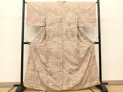 平和屋着物●生紬 御所解風景花文 正絹 逸品 BAAT0908yc