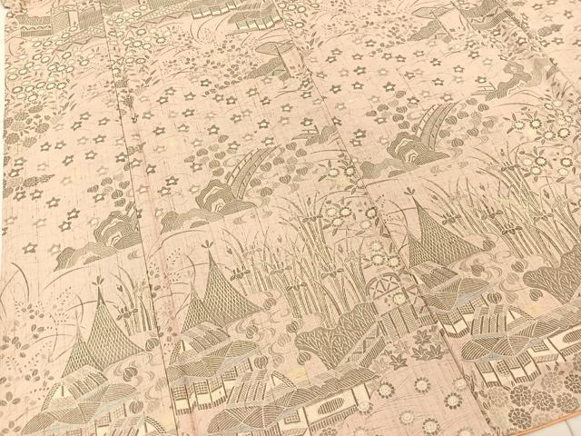 平和屋着物●生紬 御所解風景花文 正絹 逸品 BAAT0908yc