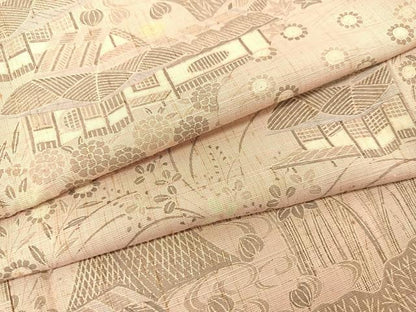 平和屋着物●生紬 御所解風景花文 正絹 逸品 BAAT0908yc