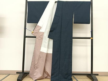 平和屋着物●結城紬　色無地　紺色　正絹　逸品　BAAT0910yc
