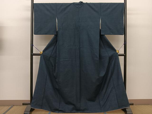 平和屋着物●結城紬　色無地　紺色　正絹　逸品　BAAT0910yc