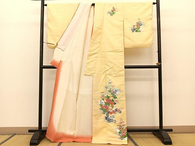 平和屋着物●訪問着　友禅　紬地　亀甲秋草文　正絹　逸品　BAAT0950yc