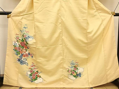 平和屋着物●訪問着　友禅　紬地　亀甲秋草文　正絹　逸品　BAAT0950yc