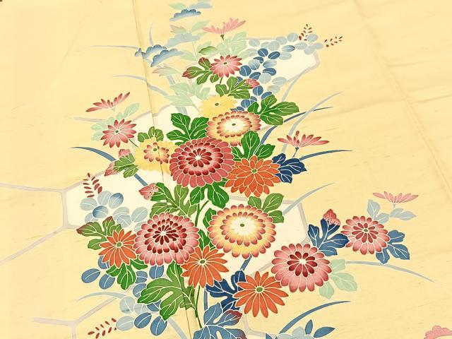平和屋着物●訪問着　友禅　紬地　亀甲秋草文　正絹　逸品　BAAT0950yc