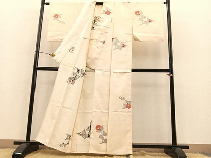 平和屋着物▽上質な紬 単衣 枝椿 正絹 逸品 BAAT1103hv