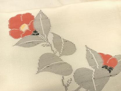 平和屋着物▽上質な紬 単衣 枝椿 正絹 逸品 BAAT1103hv