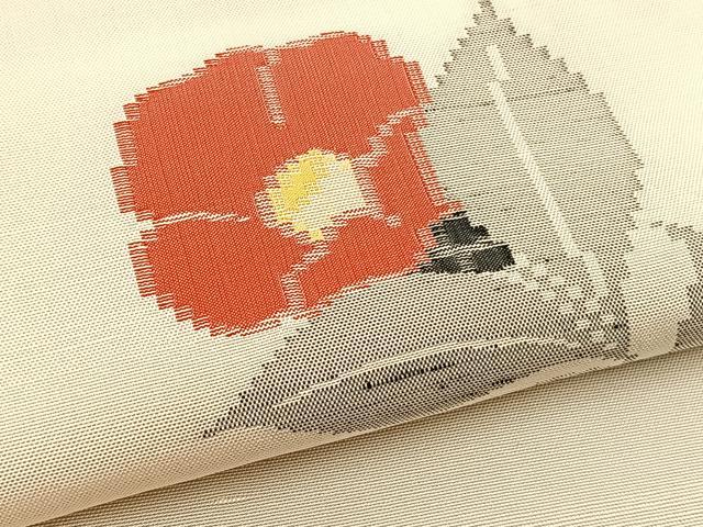 平和屋着物▽上質な紬 単衣 枝椿 正絹 逸品 BAAT1103hv