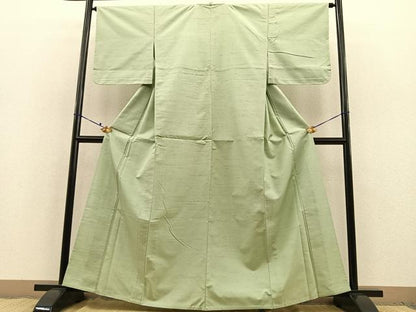 平和屋着物▽上質な紬 　色無地　単衣　若葉色 　正絹　逸品　未使用　BAAT1111hv