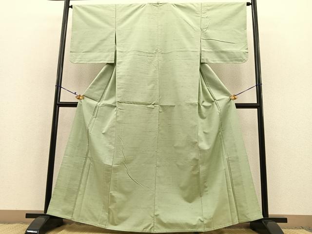 平和屋着物▽上質な紬 　色無地　単衣　若葉色 　正絹　逸品　未使用　BAAT1111hv