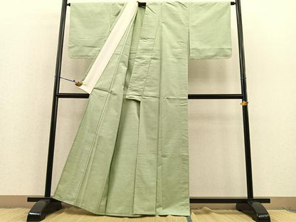 平和屋着物▽上質な紬 　色無地　単衣　若葉色 　正絹　逸品　未使用　BAAT1111hv