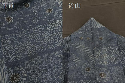 平和屋着物▽上質な小紋 単衣 作家物 紬地 本藍 型絵染 横段花文 正絹 逸品 BAAT1132hv