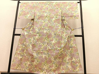 平和屋着物▽上質な小紋 単衣 紬地 花籠文 正絹 逸品 BAAT1136hv