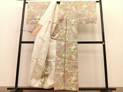 平和屋着物▽上質な小紋 単衣 紬地 花籠文 正絹 逸品 BAAT1136hv
