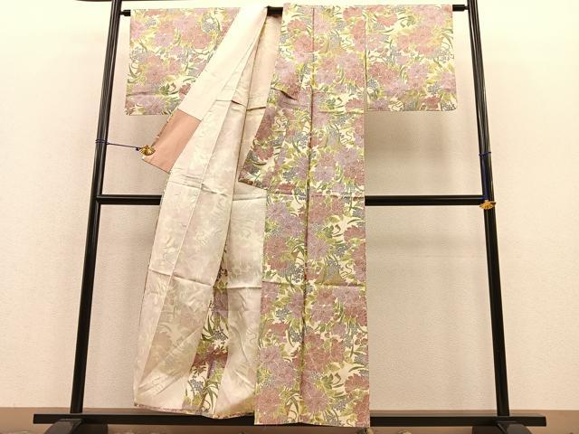 平和屋着物▽上質な小紋 単衣 紬地 花籠文 正絹 逸品 BAAT1136hv