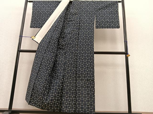 平和屋着物▽上田紬 単衣 十字絣文様 証紙付き 正絹 逸品 BAAT1156hv