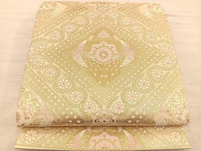 平和屋着物◎六通柄袋帯 唐織 孔雀花文 金糸 正絹 逸品 BAAT1411gt