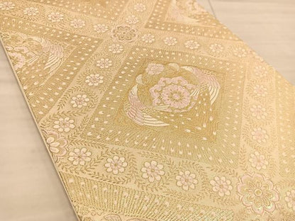 平和屋着物◎六通柄袋帯 唐織 孔雀花文 金糸 正絹 逸品 BAAT1411gt