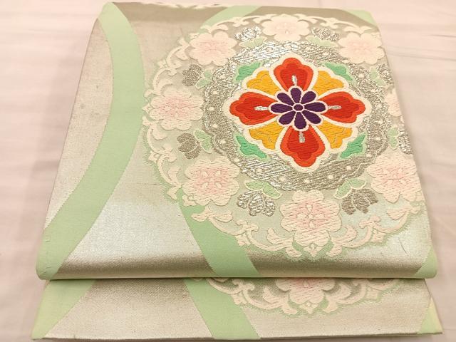 平和屋着物◎六通柄袋帯 唐織 縦枠花文 銀糸 正絹 逸品 BAAT1438gt