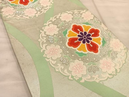 平和屋着物◎六通柄袋帯 唐織 縦枠花文 銀糸 正絹 逸品 BAAT1438gt
