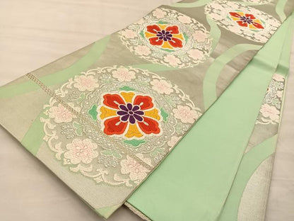 平和屋着物◎六通柄袋帯 唐織 縦枠花文 銀糸 正絹 逸品 BAAT1438gt