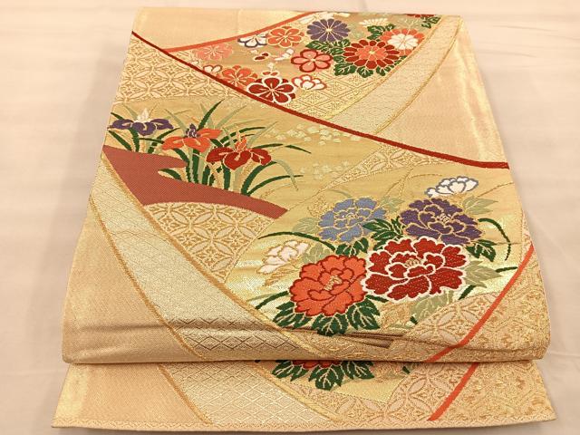 平和屋着物◎六通柄袋帯 唐織 地紙花文 金糸 正絹 逸品 BAAT1470gt