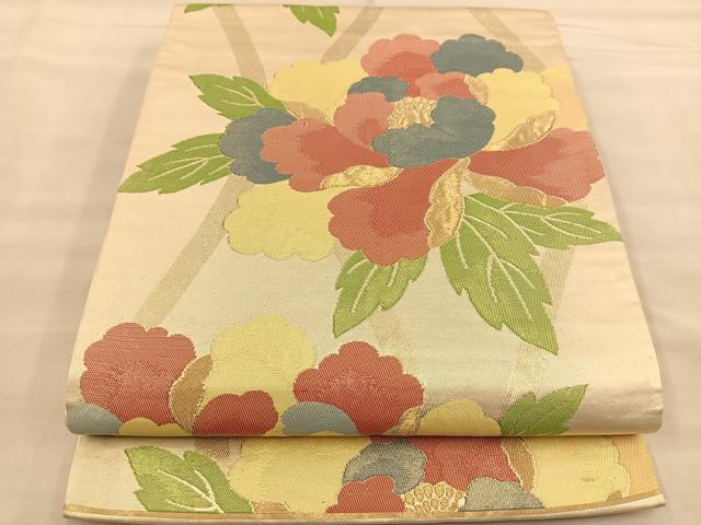平和屋着物◎六通柄袋帯 縦枠牡丹文 金糸 正絹 逸品 BAAT1485gt