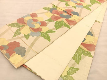 平和屋着物◎六通柄袋帯 縦枠牡丹文 金糸 正絹 逸品 BAAT1485gt
