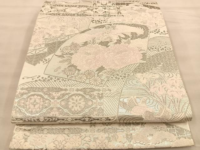 平和屋着物◎六通柄袋帯 唐織 格天扇面散草花文様 プラチナ箔 銀糸 正絹 逸品 BAAT1489gt