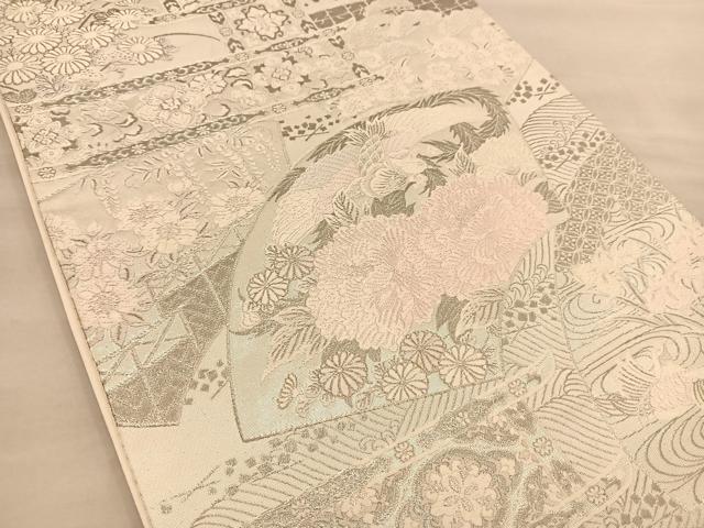 平和屋着物◎六通柄袋帯 唐織 格天扇面散草花文様 プラチナ箔 銀糸 正絹 逸品 BAAT1489gt