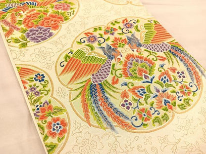平和屋着物◎六通柄袋帯 唐織 向かい鳳凰花文 金糸 正絹 逸品 BAAT1490gt