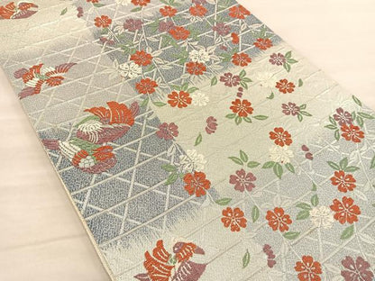 平和屋着物◎六通柄袋帯　唐織　枝垂れ桜鴛鴦文　銀糸　正絹　逸品　BAAT1497gt