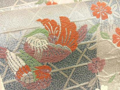 平和屋着物◎六通柄袋帯　唐織　枝垂れ桜鴛鴦文　銀糸　正絹　逸品　BAAT1497gt