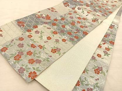 平和屋着物◎六通柄袋帯　唐織　枝垂れ桜鴛鴦文　銀糸　正絹　逸品　BAAT1497gt