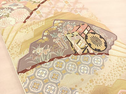平和屋着物◎六通柄袋帯 唐織 扇面御所車花文 金糸 正絹 逸品 BAAT1502gt
