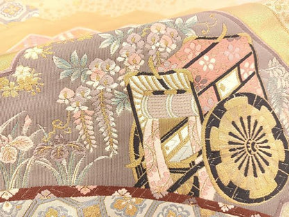 平和屋着物◎六通柄袋帯 唐織 扇面御所車花文 金糸 正絹 逸品 BAAT1502gt