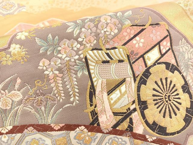 平和屋着物◎六通柄袋帯 唐織 扇面御所車花文 金糸 正絹 逸品 BAAT1502gt