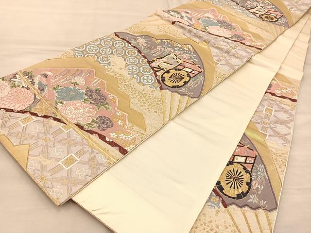 平和屋着物◎六通柄袋帯 唐織 扇面御所車花文 金糸 正絹 逸品 BAAT1502gt