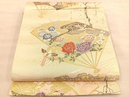 平和屋着物◎六通柄袋帯 唐織 扇面花鳥文 金糸 正絹 逸品 BAAT1511gt