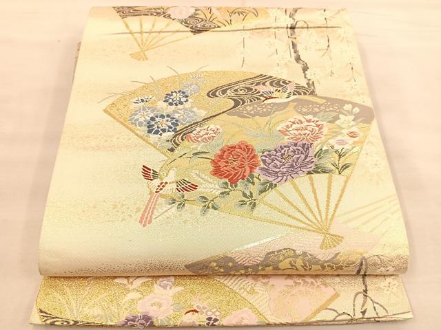 平和屋着物◎六通柄袋帯 唐織 扇面花鳥文 金糸 正絹 逸品 BAAT1511gt