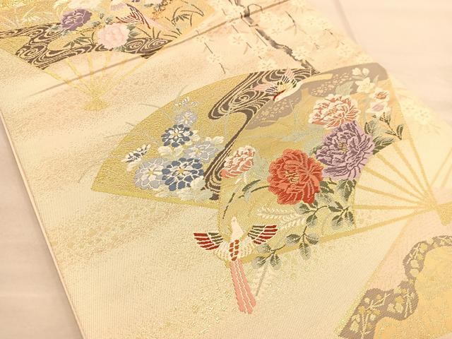 平和屋着物◎六通柄袋帯 唐織 扇面花鳥文 金糸 正絹 逸品 BAAT1511gt