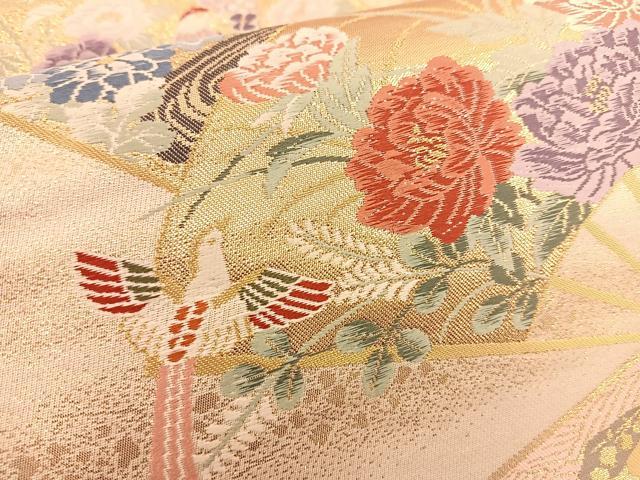平和屋着物◎六通柄袋帯 唐織 扇面花鳥文 金糸 正絹 逸品 BAAT1511gt