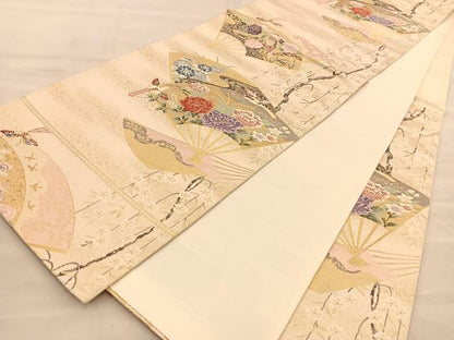 平和屋着物◎六通柄袋帯 唐織 扇面花鳥文 金糸 正絹 逸品 BAAT1511gt