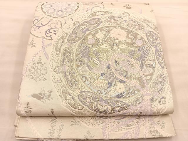 平和屋着物◎六通柄袋帯 唐織 鏡裏鴛鴦花文 銀糸 正絹 逸品 BAAT1517gt