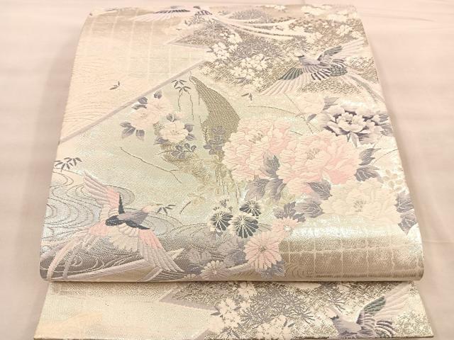 平和屋着物◎六通柄袋帯　唐織　尾長鳥花文　銀糸　正絹　逸品　BAAT1542gt