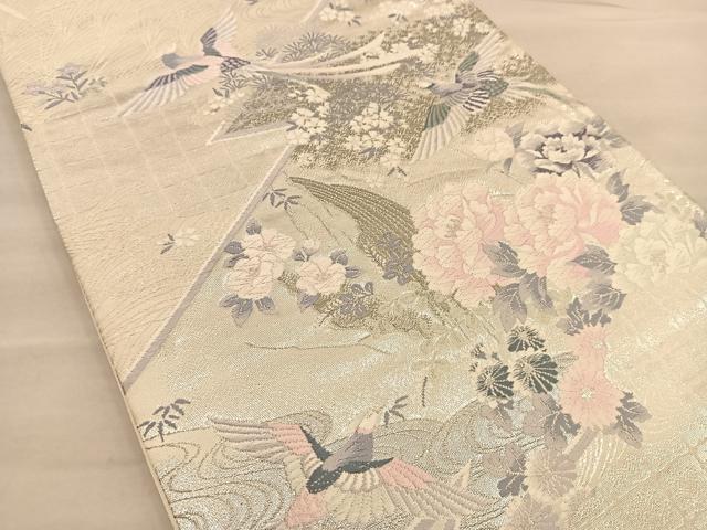 平和屋着物◎六通柄袋帯　唐織　尾長鳥花文　銀糸　正絹　逸品　BAAT1542gt