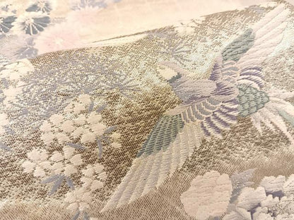 平和屋着物◎六通柄袋帯　唐織　尾長鳥花文　銀糸　正絹　逸品　BAAT1542gt