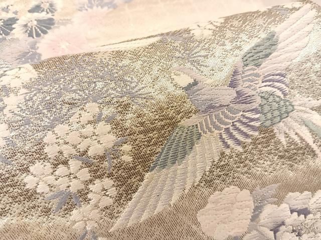 平和屋着物◎六通柄袋帯　唐織　尾長鳥花文　銀糸　正絹　逸品　BAAT1542gt